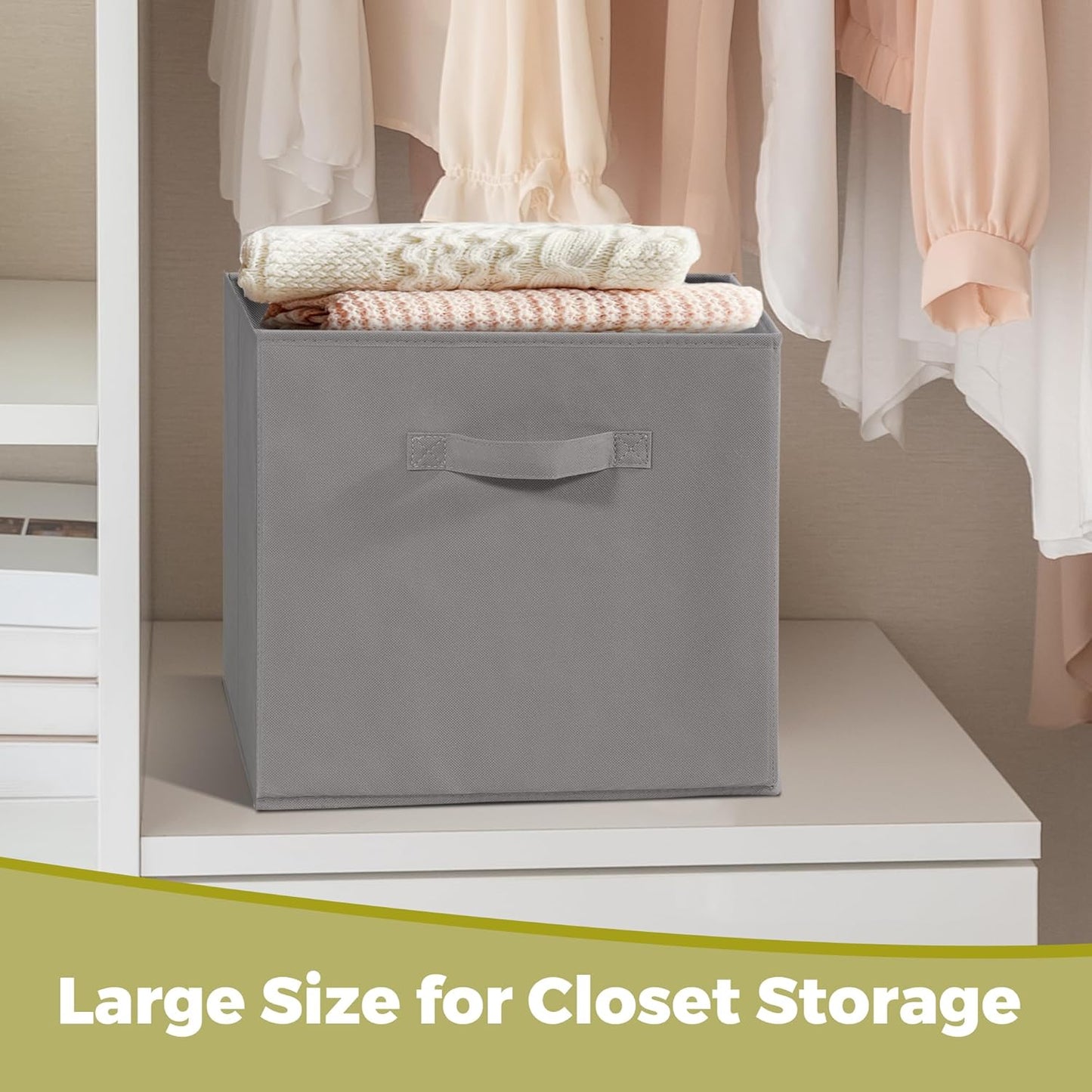 Storage Bins Set of 3 - Collapsible Fabric Cube Organizers with Handles | 11x11 Grey for Home & Office