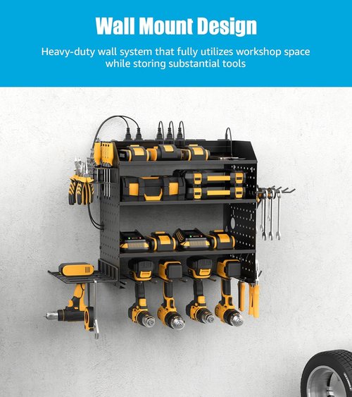 CCCEI Modular Power Tools Organizer - 4-Layer Wall Mount with USB Charging Station | Black, 6FT Cord