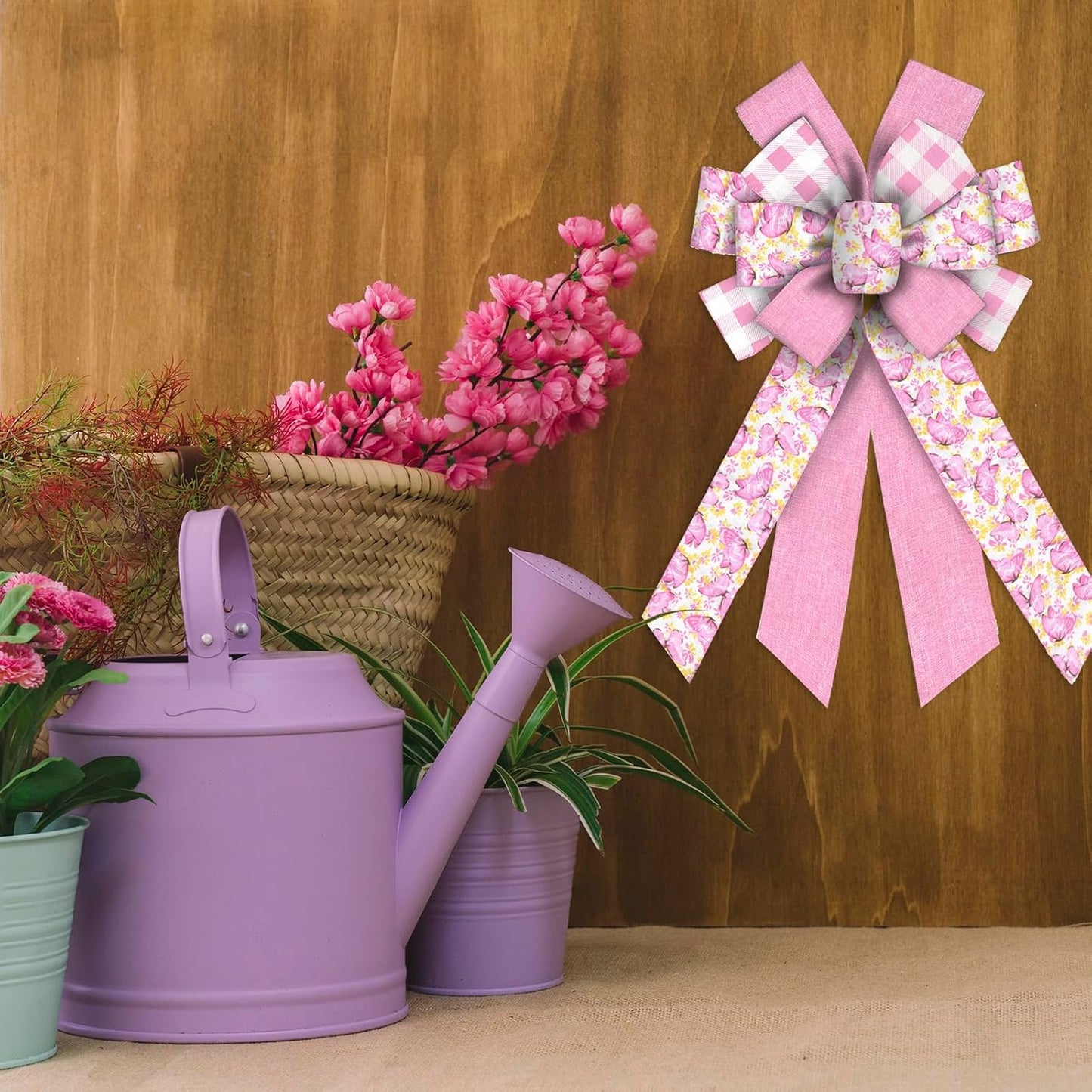 ABTOLS Large Spring Wreath Bows - Pink Butterfly & White Buffalo Plaid Decor for Indoor/Outdoor Use