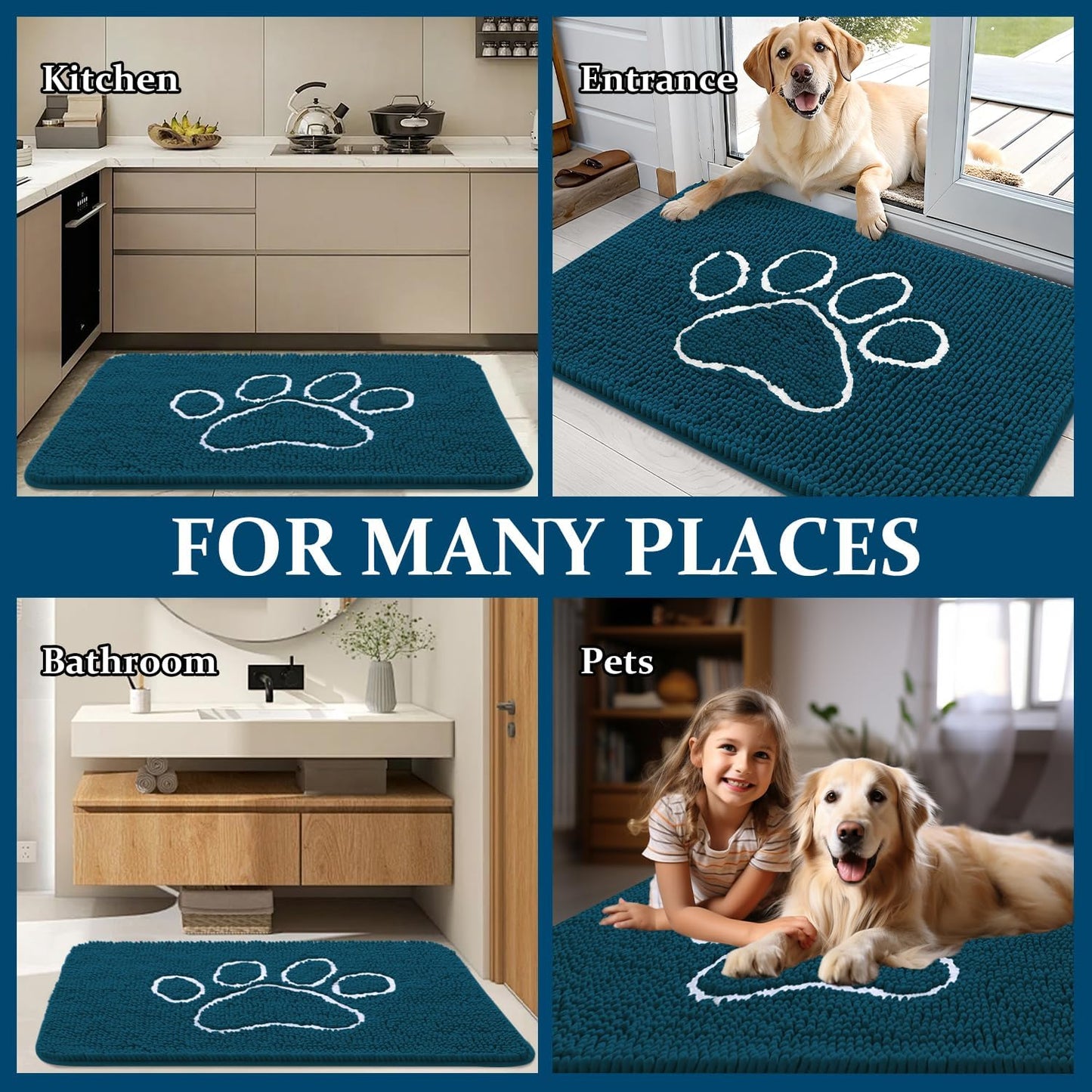 OLANLY Dog Door Mat - Absorbent Non-Slip Mud Mat for Muddy Paws | 32x20, Atlantic Blue, Quick Dry Chenille