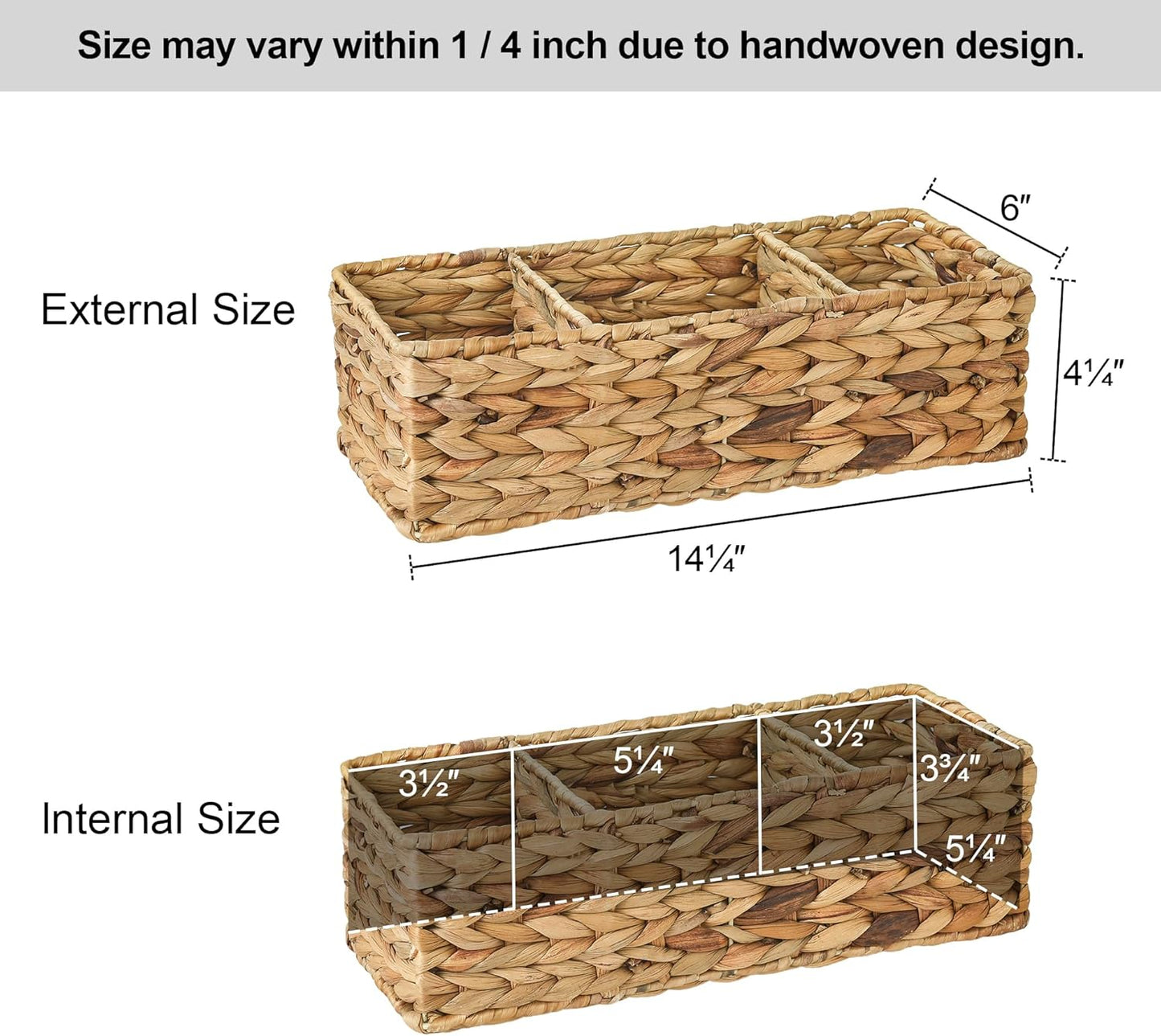StorageWorks Wicker Basket - Stylish 3-Section Storage Solution for Shelves & Toilet Tanks | 2-Pack