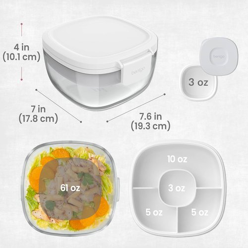 Bentgo Glass Salad Container - 7.6-Cup Leak-Proof Bowl with Airtight Lid & 4-Compartment Tray | BPA-Free, Reusable Fork (White)