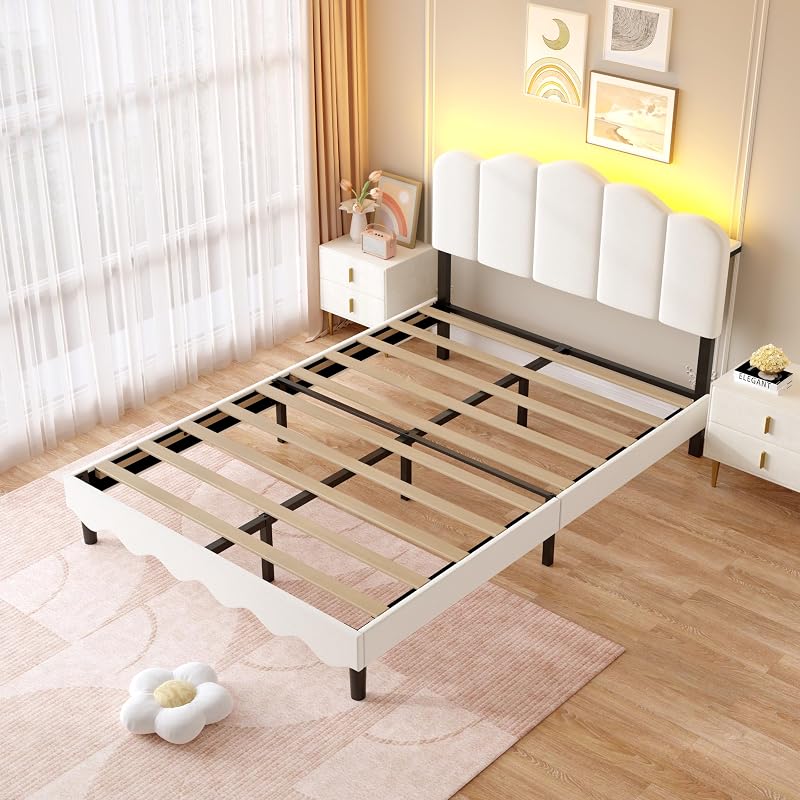 Full Size Storage Headboard Bed Frame with LED Lights, Beige - Variation: Beige+Full