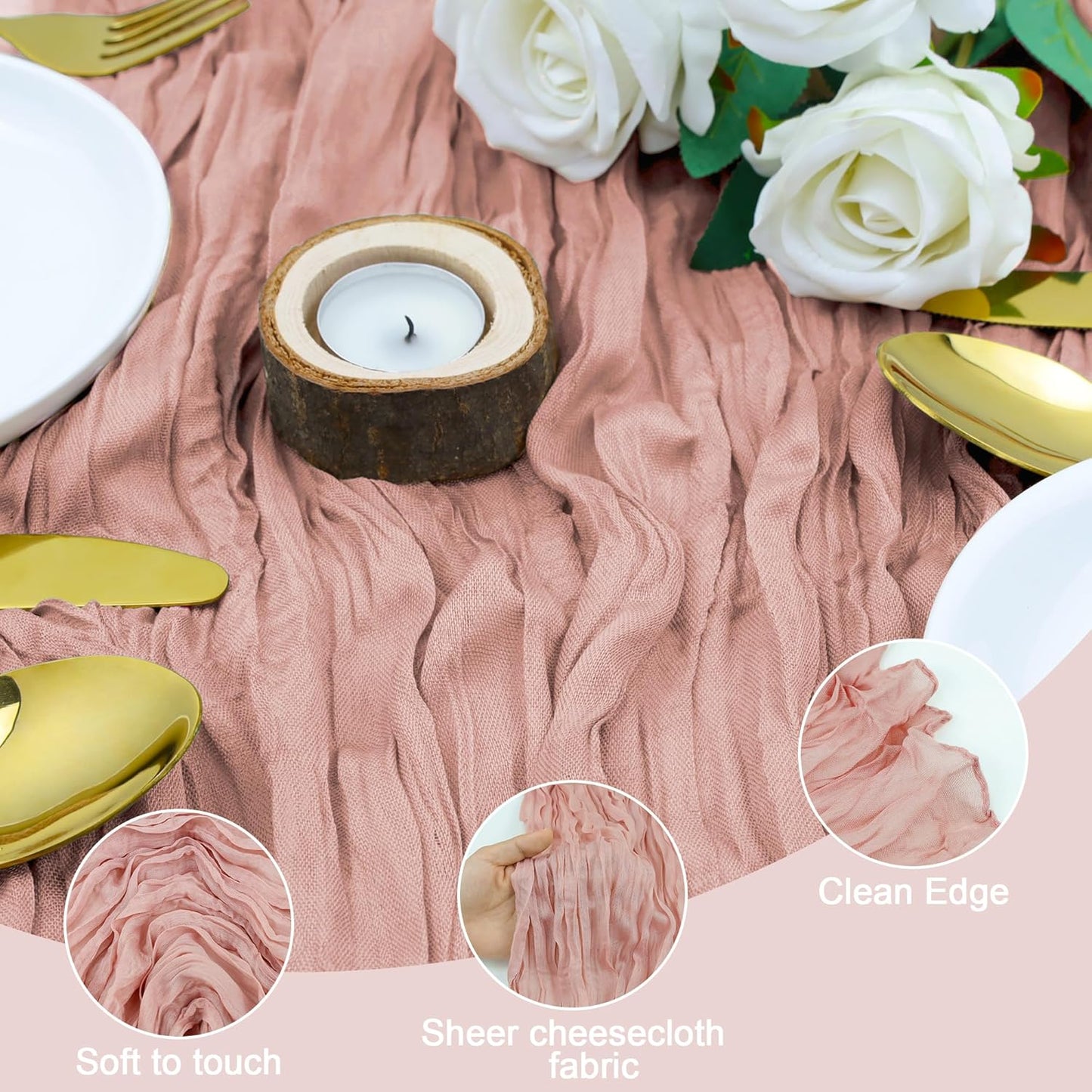 QINJIEJIE Table Runner - 120-Inch Boho Sheer Cheesecloth for Summer Decor | Dusty Pink