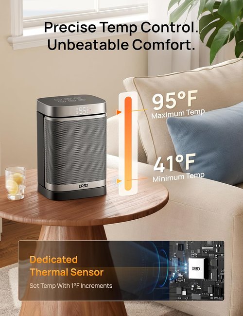 DREO Portable Electric Space Heater - 1500W PTC Ceramic with Remote, 70° Oscillation & 12H Timer