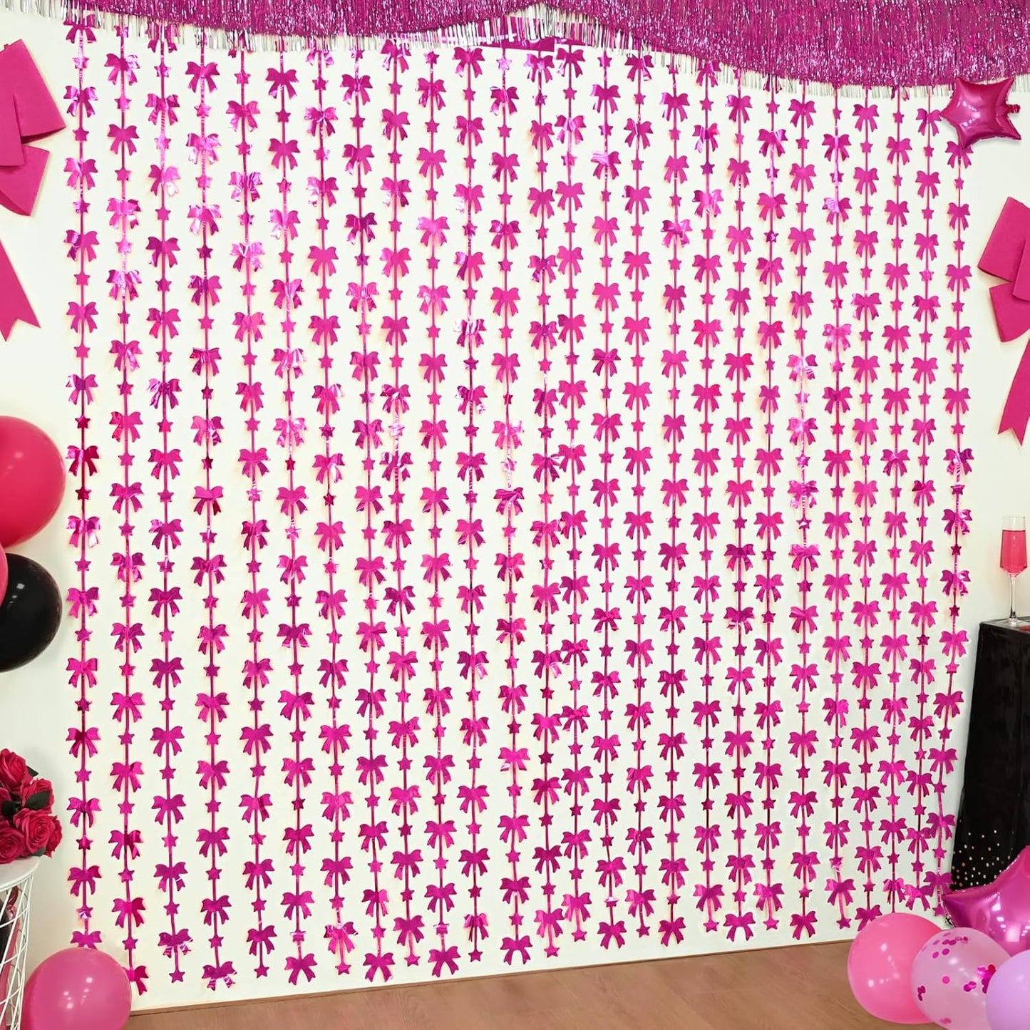 Menstarsi Bow Party Decorations - Hot Pink Foil Fringe Curtains | 2 Pack, 3.3 X 6.6 Ft Backdrop for Birthdays & Bachelorette Parties