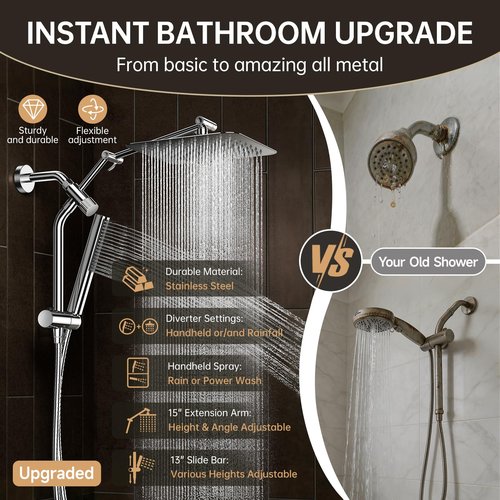 Veken All Metal 10" Shower Head with Handheld, Luxurious Square Double Rain Shower Heads,Power Wash Wand,Dual High Pressure Detachable Rainfall Showerhead with Spray Combo,Extension Arm,Chrome,Sliver
