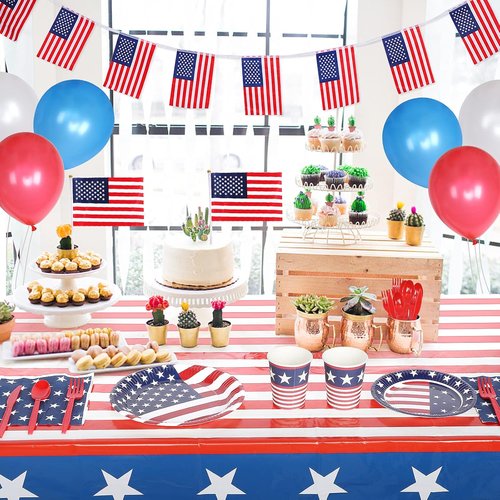 Esjay American Flag Tablecloths - 2 Pack Plastic Covers (54"x72") for Patriotic Celebrations