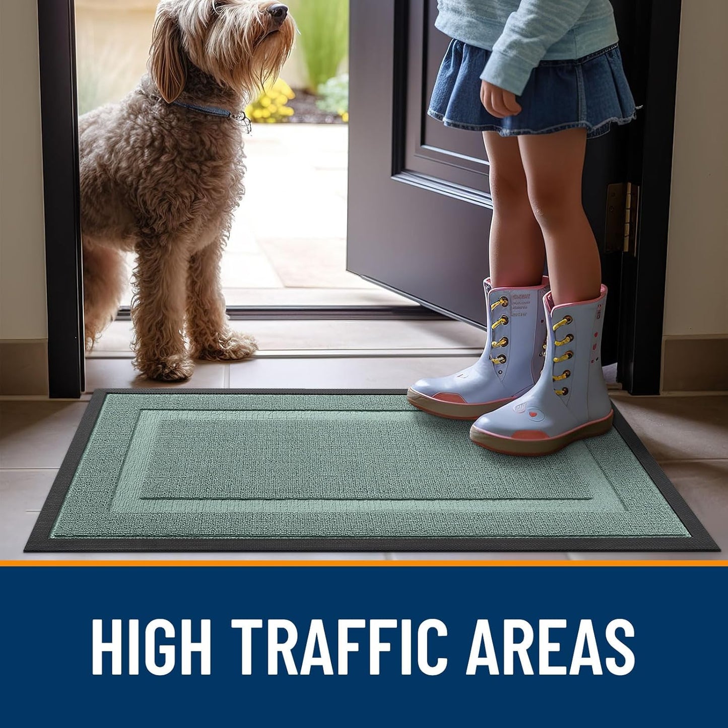 OLANLY Indoor Outdoor Front Door Mat - Waterproof All-Season Doormat, Easy Clean, 47x17, Grayish Green