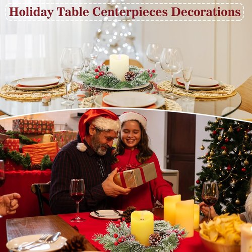 Christmas Candle Rings - Set of 4 Artificial Red Berries & Pinecones | 10-Inch Holiday Centerpieces