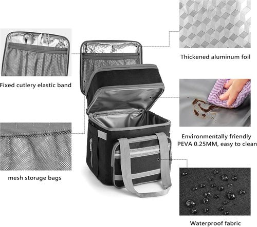 EXLIFBAG Insulated Lunch Box - Double Deck Leakproof Cooler for Adults | Adjustable Shoulder Strap, Black