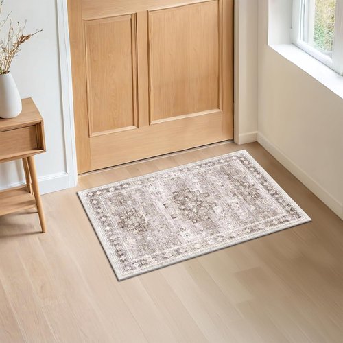 Boho Bathroom Rugs - Washable Non-Slip Soft Area Rug for Entryway & Kitchen | Modern Farmhouse Design (2x3 Beige/Latte)