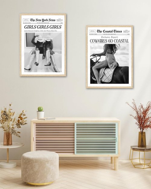 iHery Cowgirls Go Coastal Canvas Wall Art - Trendy 8x10in Framed Newspaper Decor for Bedroom & Living Room