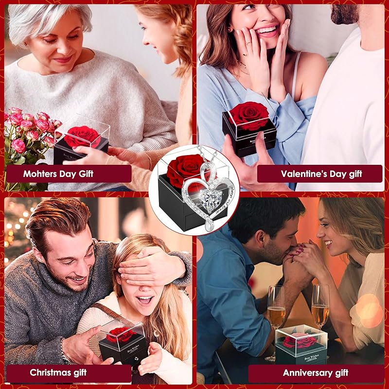 Forever Red Preserved Rose Gift Box with Necklace – Eternal Real Rose for Girlfriend, Wife, Mom