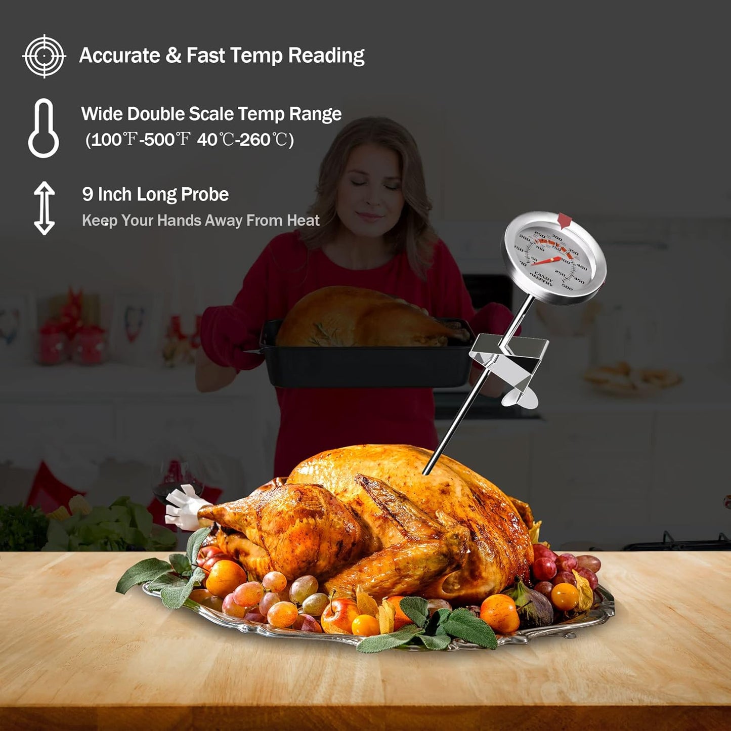 Skiennix Candy Thermometer - 2 Inch Large Dial & 9 Inch Stainless Steel Probe | Perfect for Frying, Desserts, and BBQ