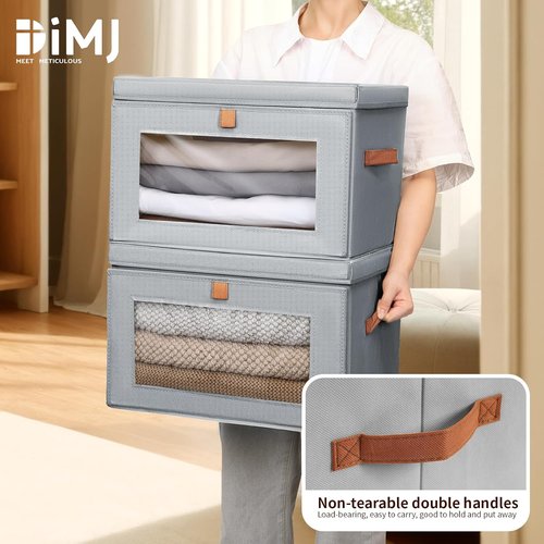 DIMJ Storage Bins - 4 Pack Large Fabric Closet Organizers with Lids & Handles | Collapsible Decorative Storage for Under Bed & Shelves