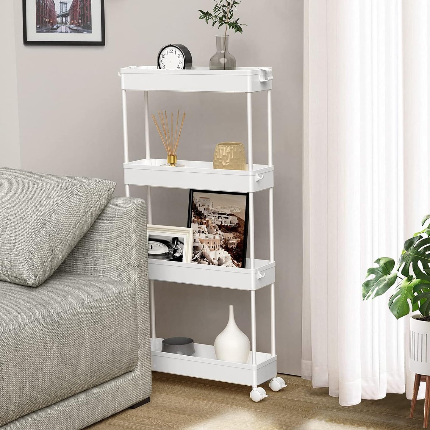 SPACELEAD Slim Storage Cart - 4-Tier Rolling Utility Organizer for Bathroom, Kitchen & Laundry | White