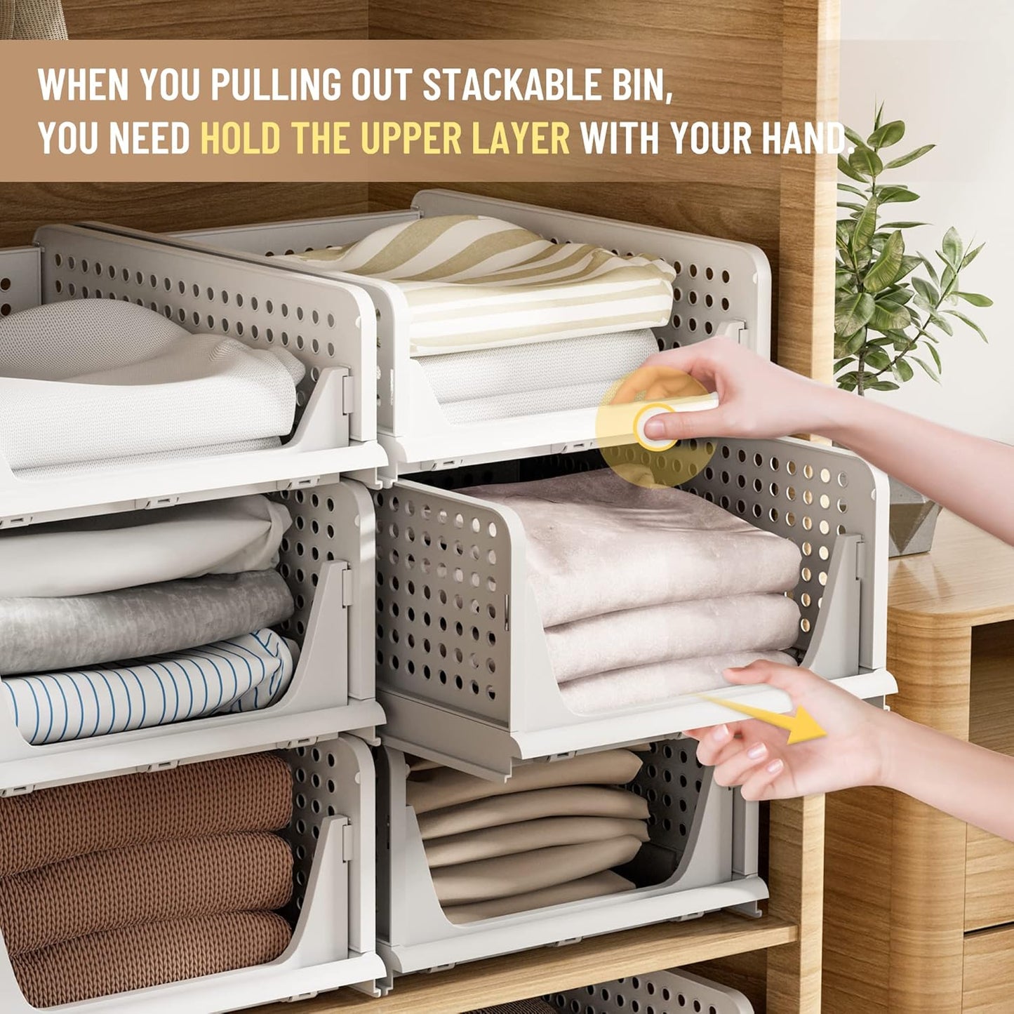 Pinkpum 6-Pack Closet Organizers - Stackable Plastic Storage Bins for Clothing & Accessories | White