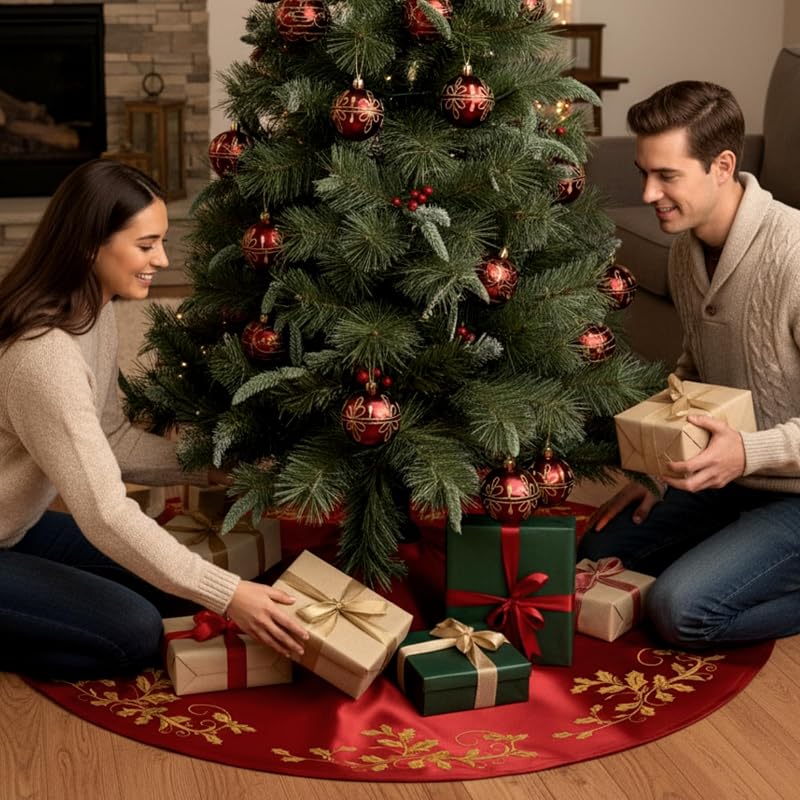 Burgundy 48-Inch Satin Christmas Tree Skirt with Gold Holly Embroidery - Variation of Burgundy