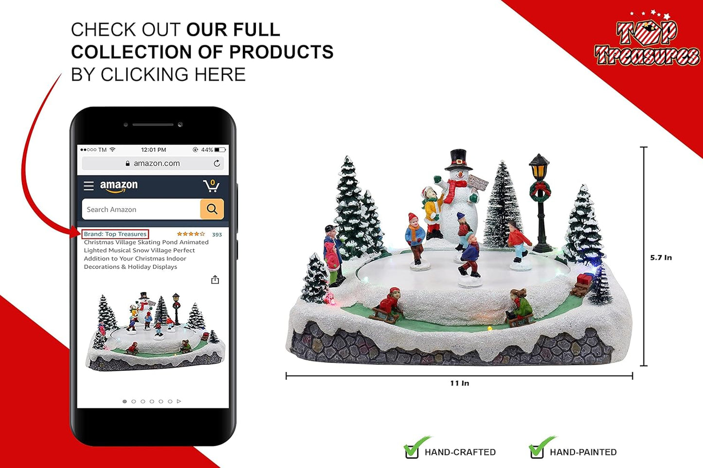 Animated Christmas Village Skating Pond - Lighted Musical Snow Scene with 4 Moving Skaters