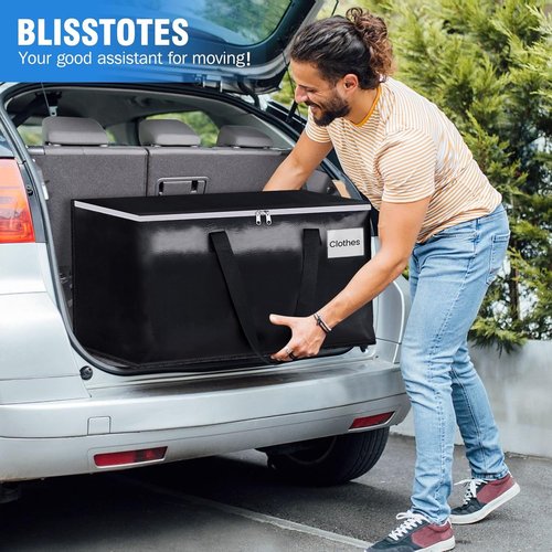 BlissTotes Collapsible Moving Bags - Heavy Duty Zippered Totes for Space-Saving Storage (93L, 6-Pack, Black)