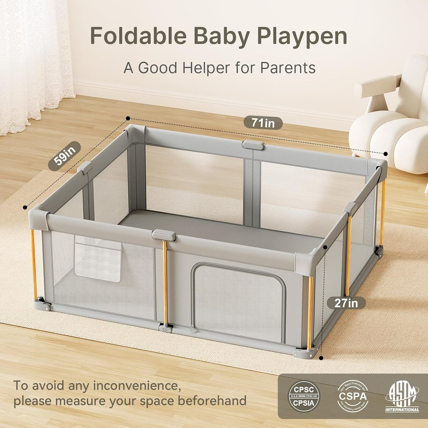 Skiennix Foldable Baby Playpen - Portable Design with Mat | 71x59 Collapsible Play Yard for Indoor & Outdoor Use