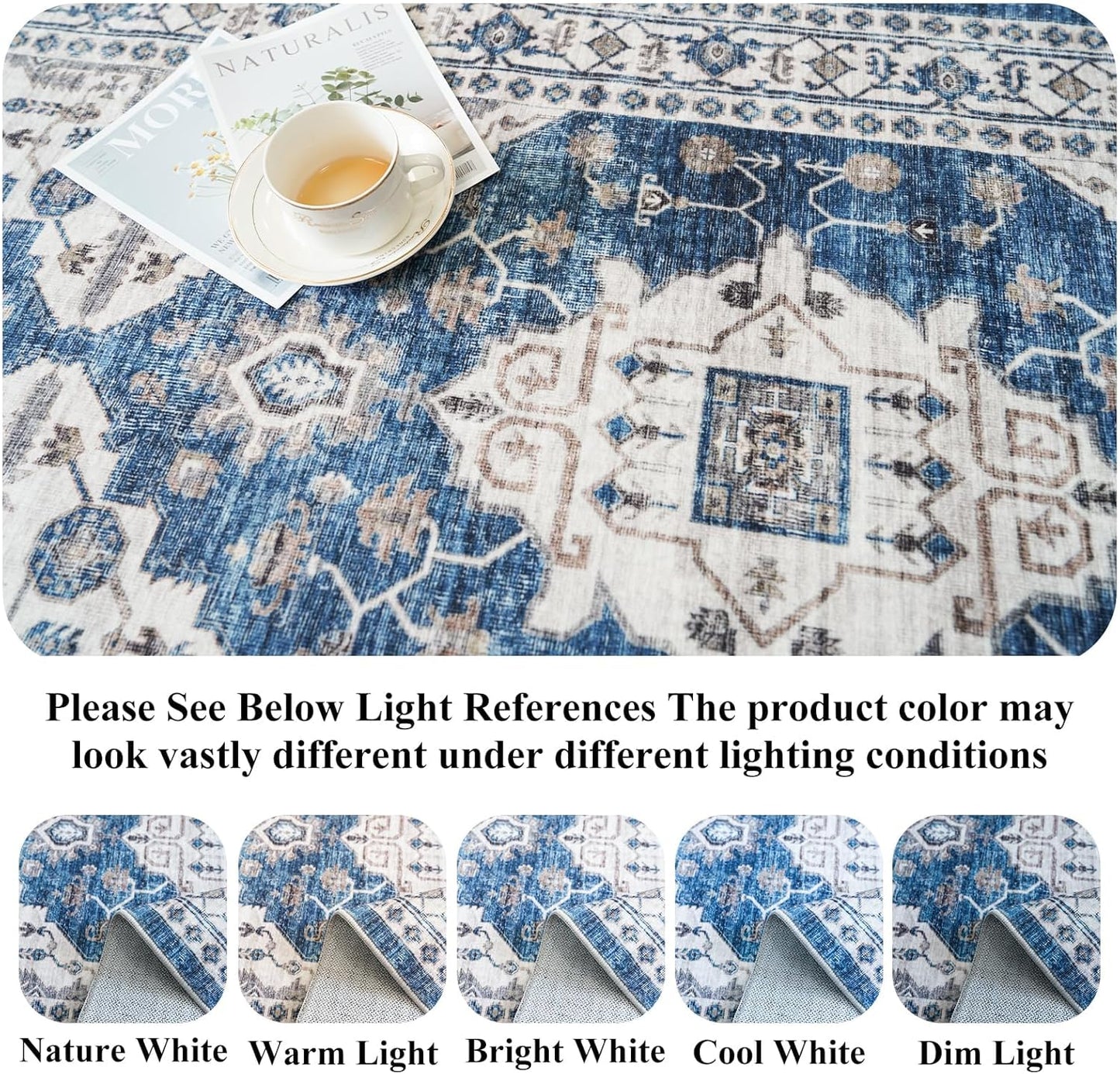 Skiennix Washable 4x8 Hallway Runner Rug - Vintage Soft Low Pile Non-Slip Carpet in Blue for Entryway & Living Room