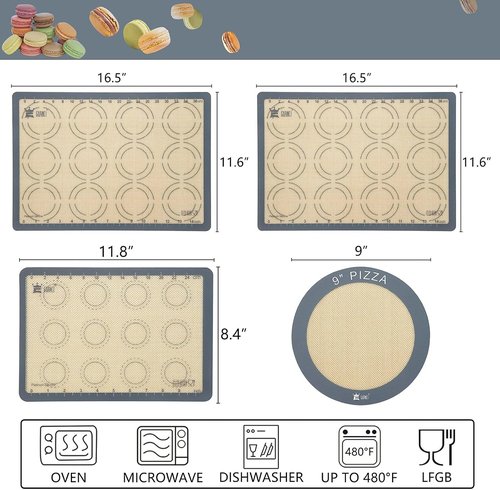 GUANCI Silicone Baking Mat Set of 4 - Non-Stick Reusable Bakeware for Pizza, Macarons, Cookies | Grey