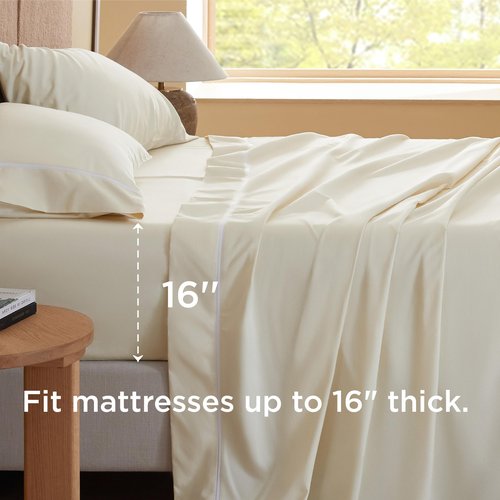 Bedsure 100% Cotton Sheets King Size Set - 500 Thread Count Cotton Sateen Bedsheets, Luxury Hotel Quality, Soft & Breathable Bedsheets, 16" Deep Pocket, 4-Piece, Include King Flat Sheet Ivory