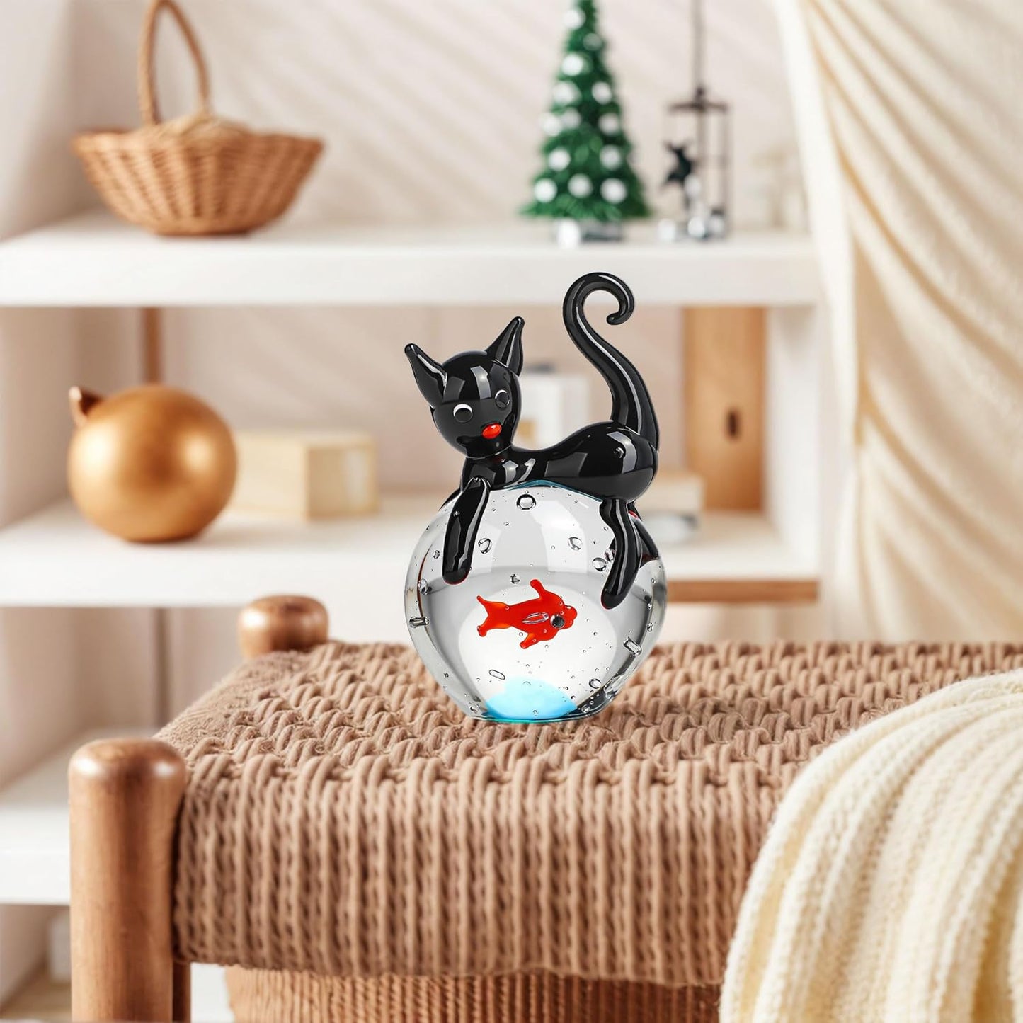 QFkris Blown Glass Black Cat Figurine - 1.6" Mini Glass Animal Sculpture | Unique Home Decor Gift for Cat Lovers