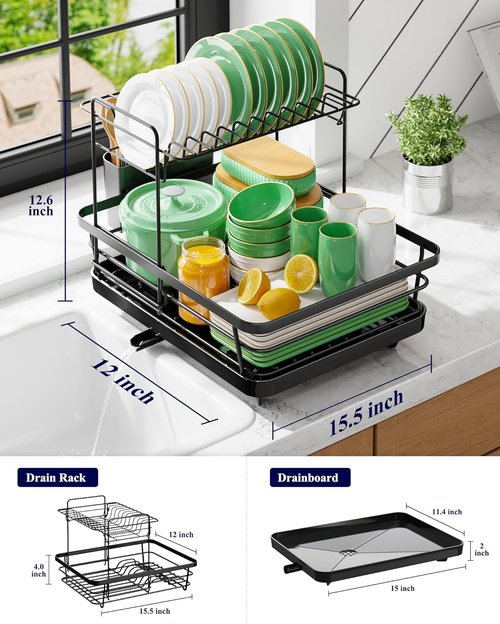 Kitsure Dish Drying Rack - Stainless Steel Kitchen Organizer with Cutlery Holder | 12"W x 15.5"L, Black