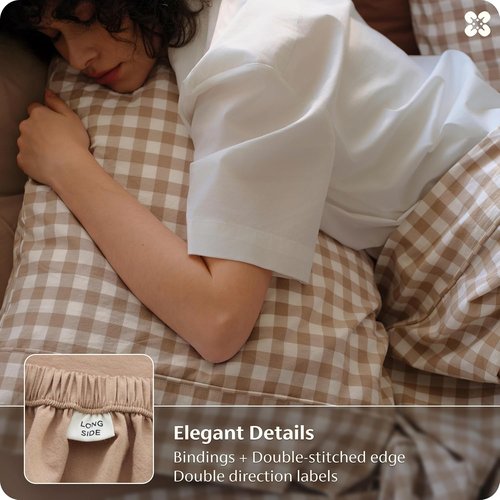 Bedsure 100% Washed Cotton Percale Queen Sheets - Breathable Gingham 6-Piece Set with 18" Deep Pockets (Brown)