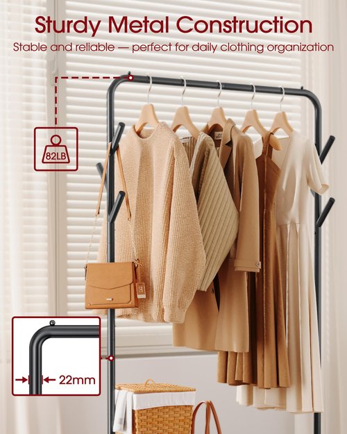 Sakugi Clothes Rack - Metal Coat Rack with Bottom Shelf, Portable Wardrobe Rack with 6 Side Rods, Rolling Clothing Rack for Hanging Clothes for Bedroom or Laundry Room (Black, 28.7 x 17 x 59.4)
