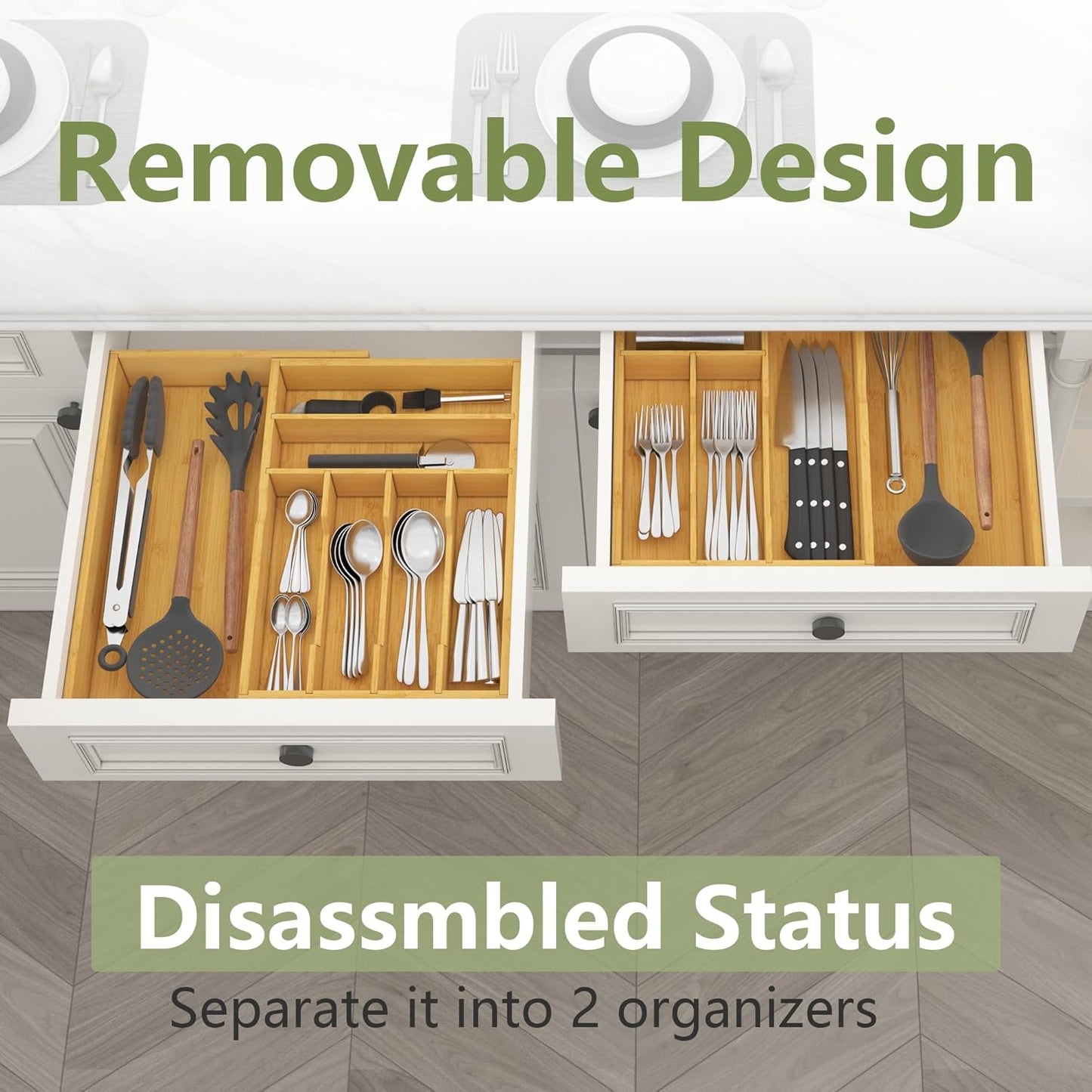 Suli Silverware Drawer Organizer - Adjustable Bamboo Utensil Holder for Forks, Knives & Spoons | Expandable 22in-37in