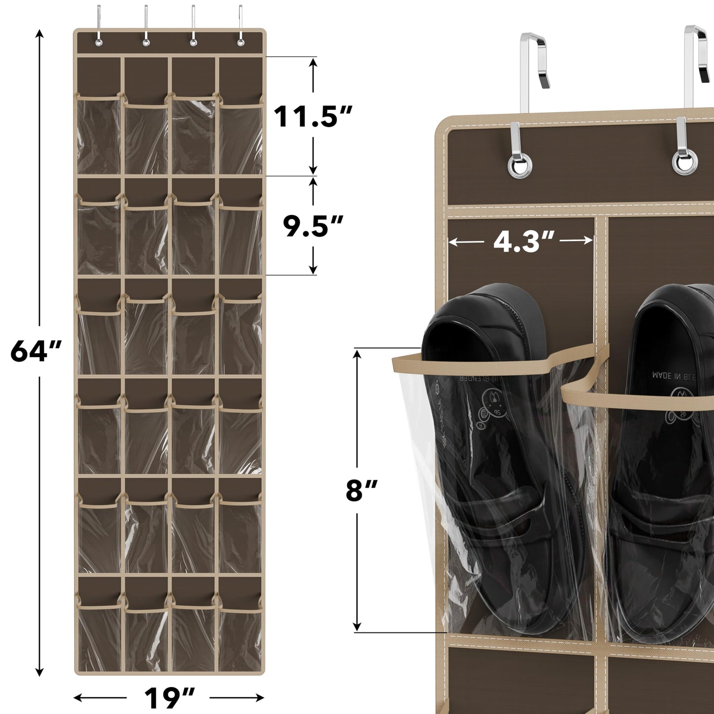 Simple Houseware 24 Pockets - Crystal Clear Over The Door Hanging Shoe Organizer, Brown (64'' x 19'')