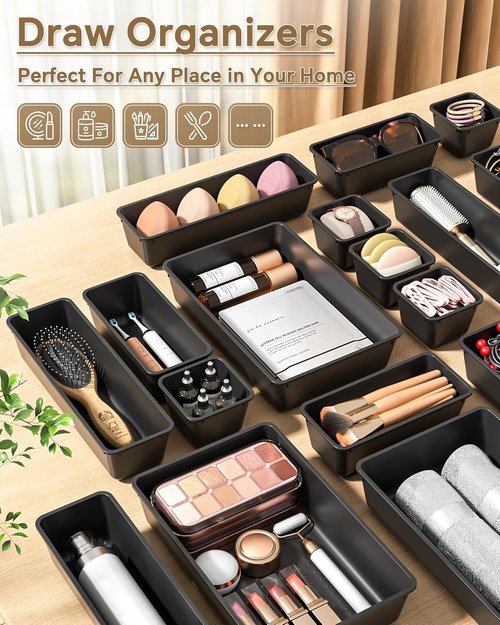 KEMETHY 25 PCS Plastic Drawer Organizers Set - Versatile Makeup & Desk Storage Trays | Black