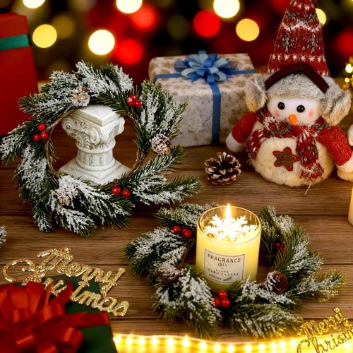 Jansun Christmas Candle Rings - 4 Pcs Red Berries & Pine Needles Mini Wreaths for Table Centerpieces
