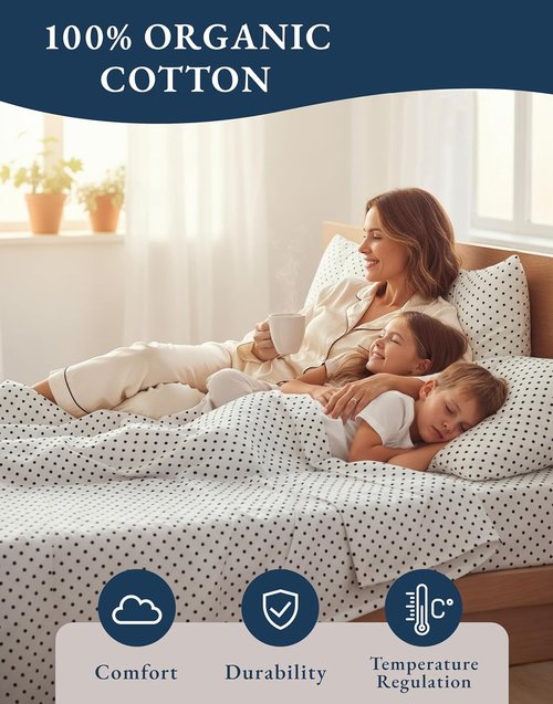**LANE LINEN Eco-Friendly 100% Organic Cotton Queen Bed Sheet Set - Luxury Printed, Deep Pocket, Black Polka Dot**