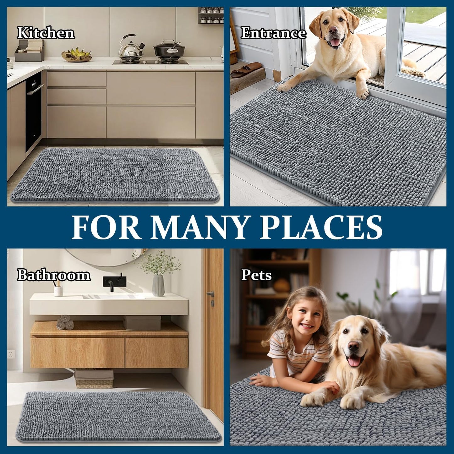 OLANLY Dog Door Mat - Absorbent Non-Slip Chenille Mat for Muddy Paws | 59x32 Inches, Quick Dry, Grey