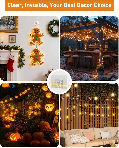 AGPTEK Heavy Duty Hooks for Outdoor String Lights - 100Pcs Clear Adhesive Cable Clips for Christmas Decor
