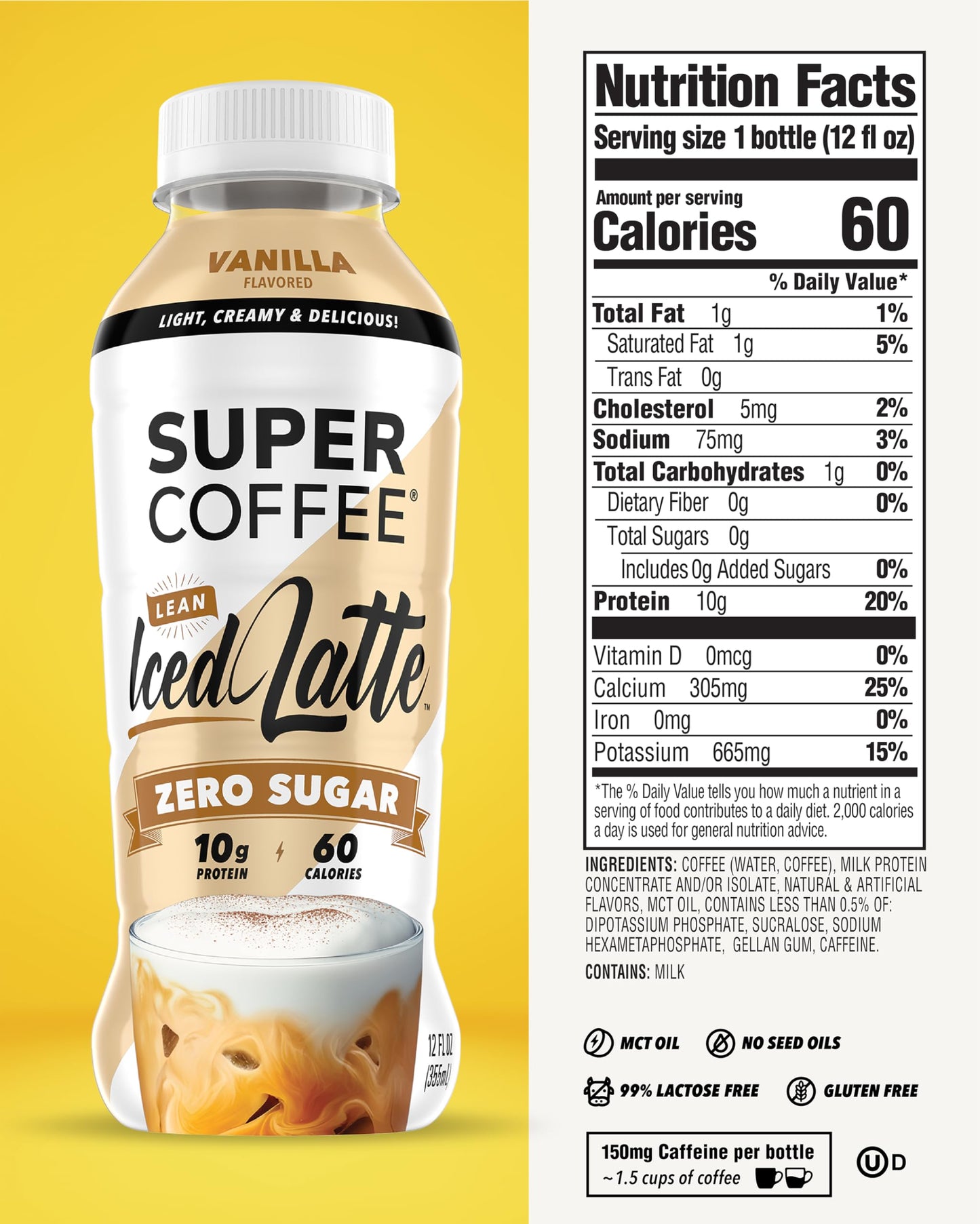 Super Coffee, Ready To Drink Iced Coffee, Vanilla Latte (12 Ounce Bottles, Pack of 12) - Low Net Carbs, No Added Sugar, Keto Friendly, 10g of Protein, Low Calorie, Protein Coffee