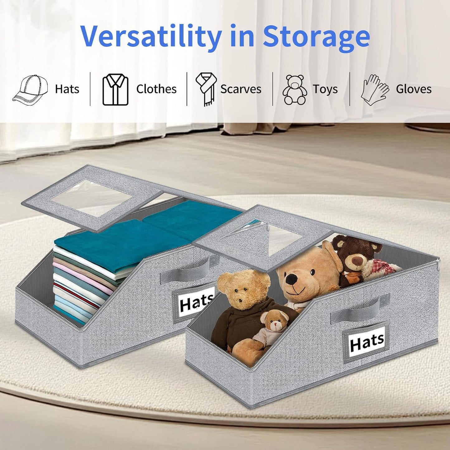 Aokeyee Hat Organizer - Stackable 2PCS Storage with Clear Window Lid & Flip-Top Access | Grey
