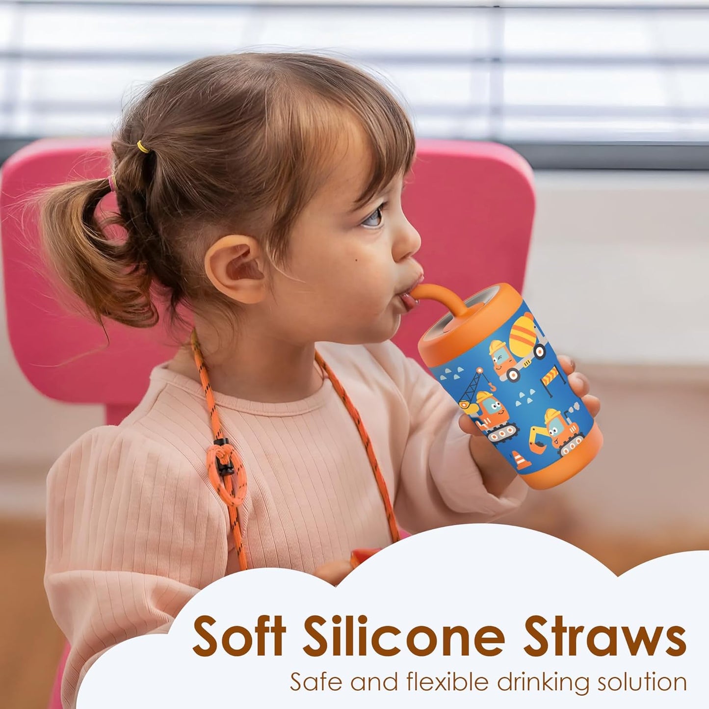 Skiennix Insulated Stainless Steel Tumbler - 12oz Kids Sippy Cup with Silicone Straw | Construction Trucks Design