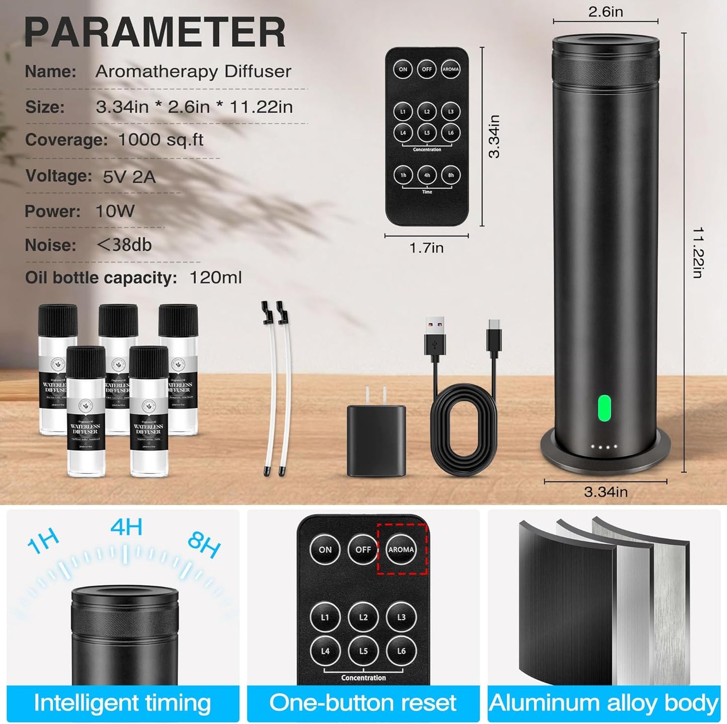Skiennix Waterless Scent Diffuser Starter Kit - 800 Sq. In. Coverage with 5 Essential Oils & Remote Control