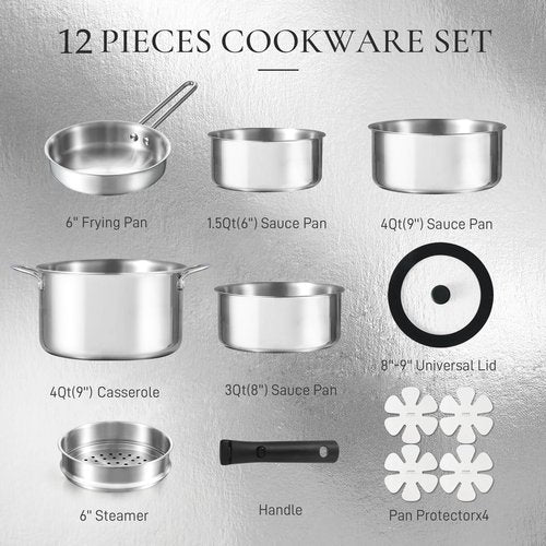 CAROTE 12pcs Pots and Pans Set, Stainless Steel Cookware Set Detachable Handle, Induction Kitchen Cookware Sets with Removable Handle, RV Cookware Set, Oven Safe, Camping Cookware, Pure Black