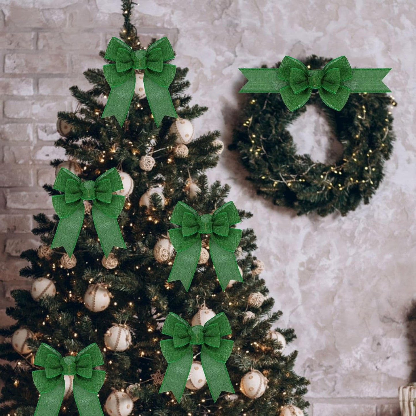 Meseey Wired Ribbon Bows - Handmade Emerald Green Burlap for Wreaths & Gift Wrapping | 2 Pcs Set