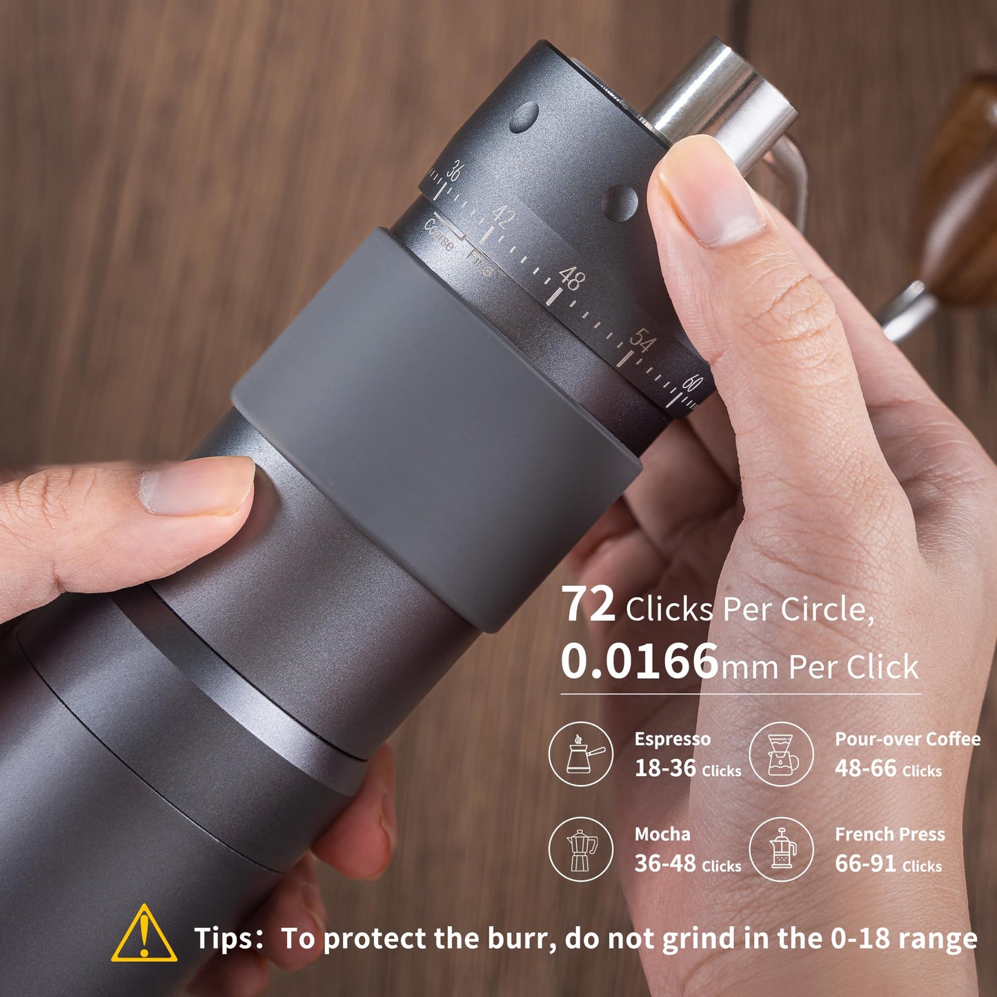 Zalnuuk R50 Manual Coffee Grinder with 7 Star Stainless Steel Burr, Hand Coffee Grinder with Magnet Catch Cup for French Press, Mocha, Espresso, External Adjustable Design, Grey, 25g