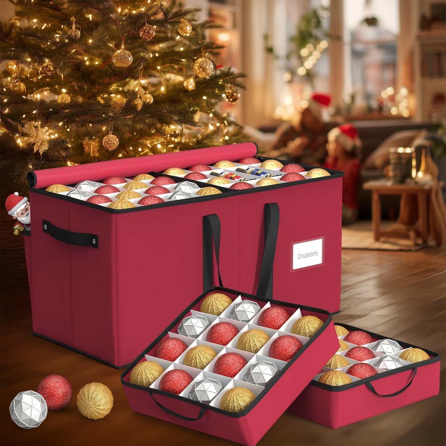 Sunvigor Christmas Ornament Storage Box - Holds 128 Ornaments with Adjustable Dividers & Dual Zippers | Rose Red