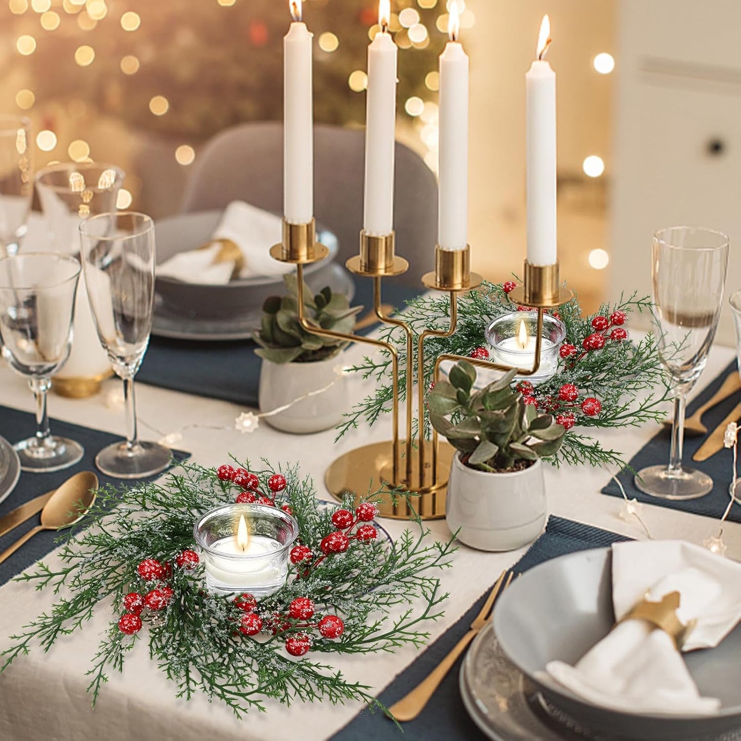 Regine Switzerland Christmas Candle Rings - 10 Pcs Red Berry & Snowy Pine Garland | Festive Table Centerpiece