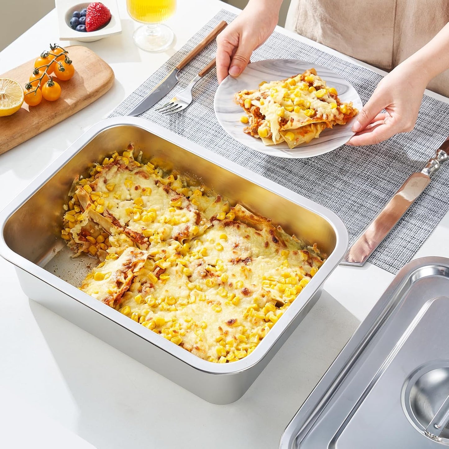 Skiennix 4 Inch Extra Deep Lasagna Pan - 11.6x15.6 Inch Nonstick Stainless Steel with Lid | 9.2QT Capacity
